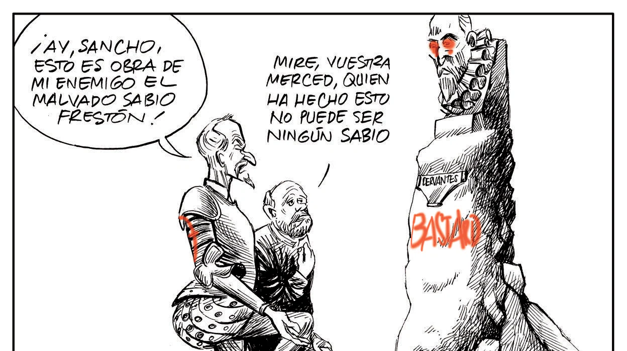 Viñeta de Puebla satirizando la pintada de «Bastard» en el busto de Miguel de Cervantes