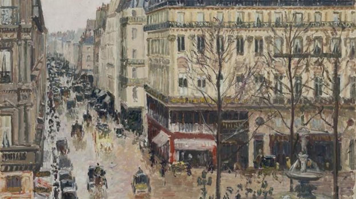 Detalle de «Rue Saint-Honoré por la tarde. Efecto de lluvia», de Camille Pissarro