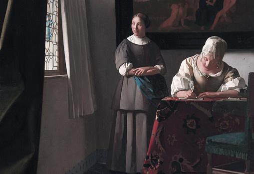 Detalle de «Dama escribiendo una carta con su criada», de Vermeer