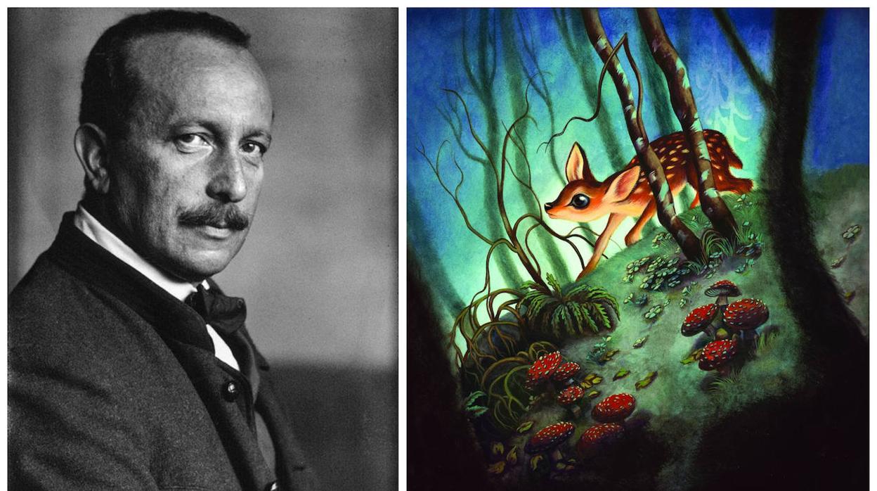 A la izquierda, Félix Salten, a la derecha, ilustración de Benjamin Lacombe para «Bambi. Una vida en el bosque» (Edelvives)