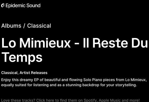 Lo Mimieux en el catálogo de Epidemic Sound, donde también se anuncia su disponibilidad en Apple Music