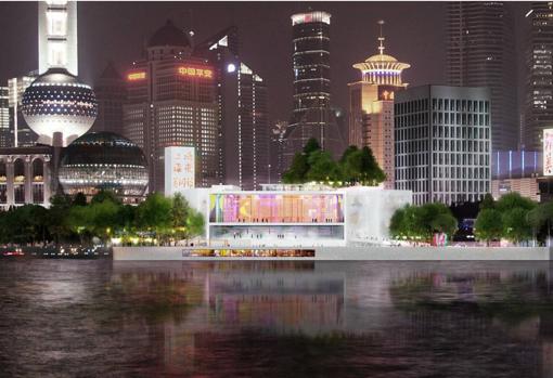 En el centro de la imagen, Museo de Arte Pudong en Shanghai