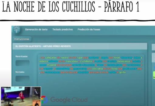 Pantalla con el texto propuesto a la máquina, que señala con colores las palabras que hay que cambiar para mejorar el estilo del texto según el entrenamiento dado, en este caso para parecerse a Alatriste