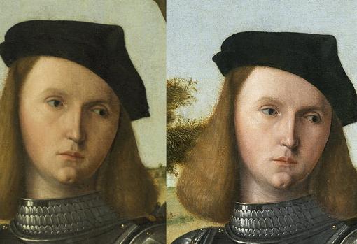 Detalle del rostro del caballero, antes y después de la limpieza