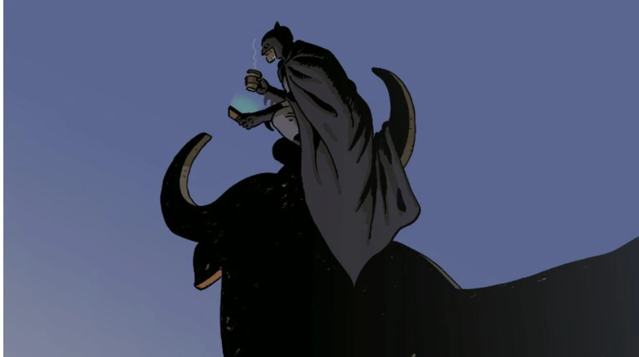 Cubierta de 'Batman: The World' e ilustración de Paco Roca con el superhéroe sobre un toro de Osborne