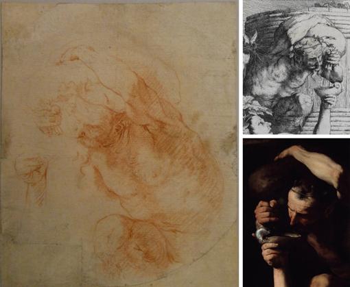 Dibujo: José de Ribera, Estudio de fauno cargando un odre, D-2089 RABASF / Detalle estampa: José de Ribera, Sileno borracho. 1628. BNE / Detalle cuadro: José de Ribera, Sileno ebrio. Museo de Capodimonte, Nápoles