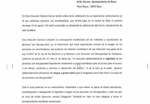 Carta enviada por el director general de Personas con Discapacidad de la Junta de Andalucía al Ayuntamiento de Baza