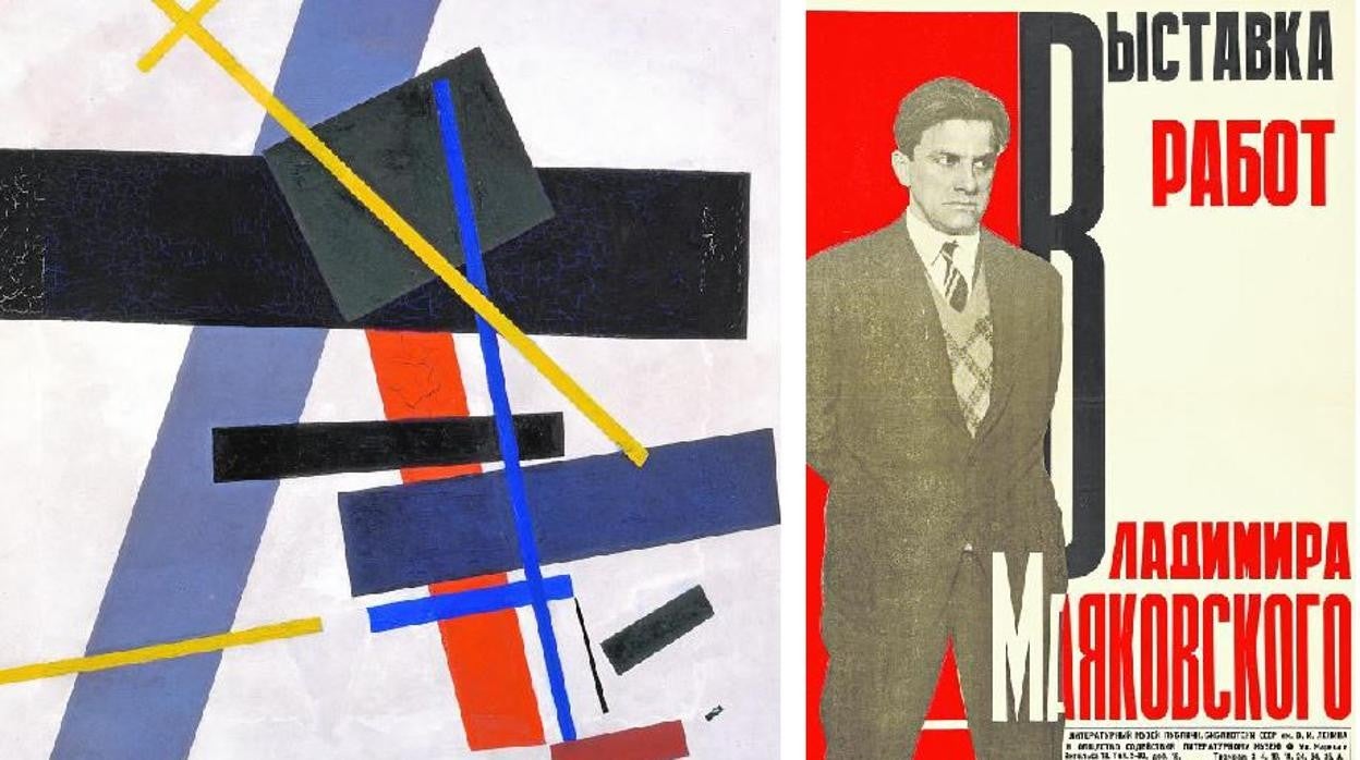 ‘Suprematismo’ (1915-16), de Malévich, y cartel de la exposición de trabajos de Maiakovski (1931)