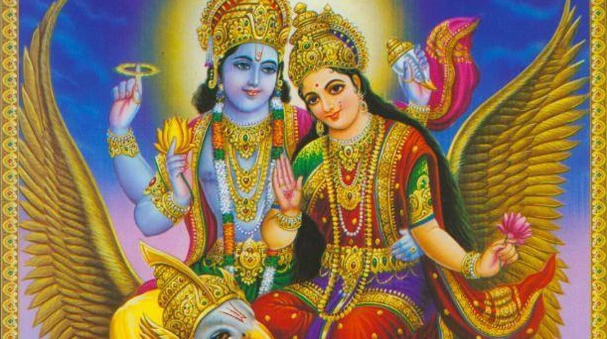 Visnu con su consorte Laksmí, volando en Garudá, el rey de los pájaros