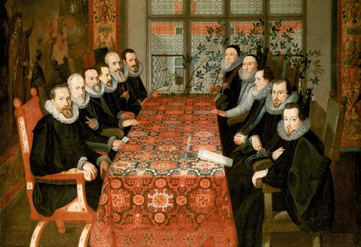 Juan Pantoja de la Cruz. Conferencia de Somerset House. 1604. Queens House. Greenwich. Wikimedia Commons Observamos el severo vestido negro de los diplomáticos hispano-flamencos, sentados a la izquierda. Este tipo de cuellos rizados confeccionados con lino recibieron la curiosa denominación de «lechuguillas» en España