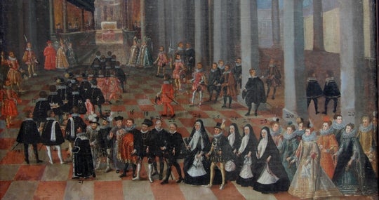 Hans Khevenhüller retratado a la izquierda del duque de Béjar, padrino del infante Fernando, durante el bautizo de éste