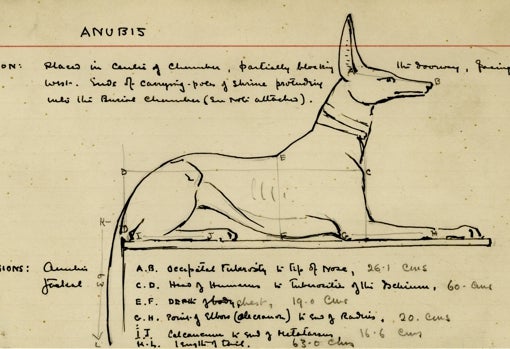 Ficha de registro de Howard Carter con su dibujo del dios Anubis (Carter n.° 261) con notas y medidas