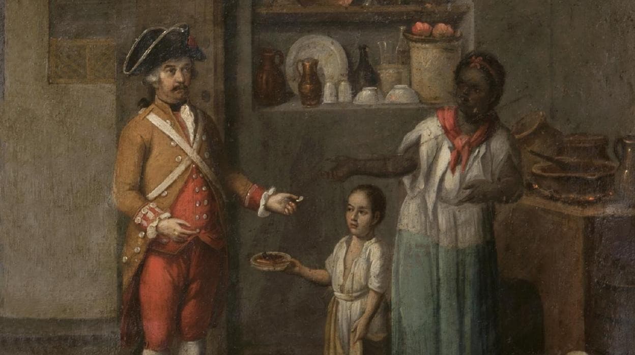 Detail of the painting 'de español y negra, mulata', on loan from the museo de américa