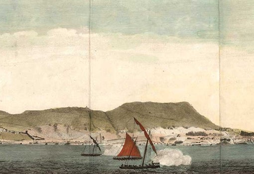Grabado de Roberts de 1785 con unas lanchas cañoneras hostigando a una embarcación inglesa durante un asedio a Gibraltar a finales del siglo XVIII