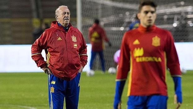 Del Bosque, en el entrenamiento de la selección española en Bruselas