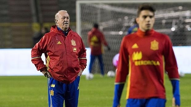 Vicente del Bosque, en el entrenamiento en el estadio de Bruselas