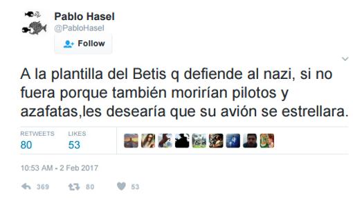 El tuit de Hasel, que ha sido borrado de su perfil