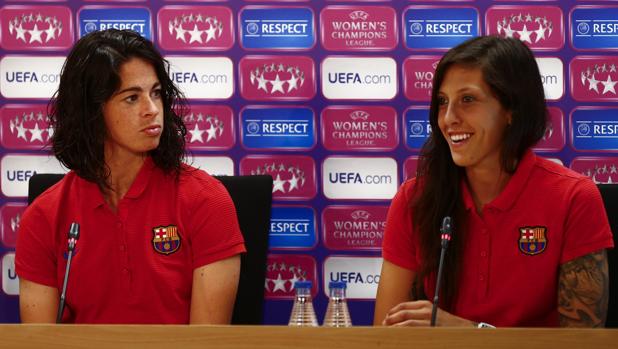 Marta Torrejón y Jennifer Hermoso durante la rueda de prensa previa al partido ante el PSG