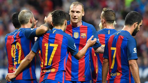 Mathieu celebra un gol durante un partido de esta pasada pretemporada