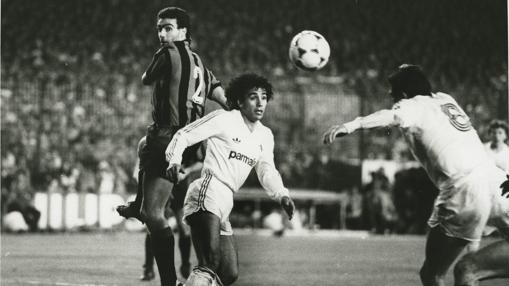 Hugo Sánchez durante un partido del Madrid en la UEFA de la temporada 85-86.