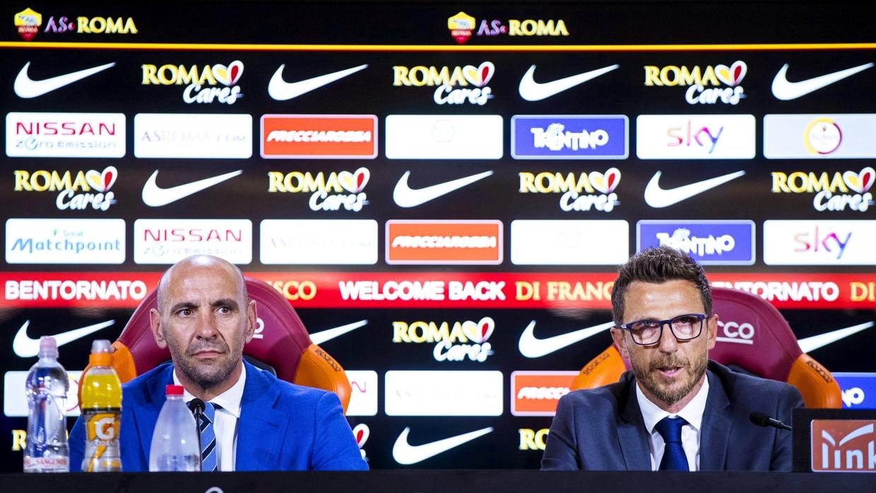 Monchi y el nuevo entrenador de la Roma, Eusebio Di Francesco, durante la rueda de prensa.