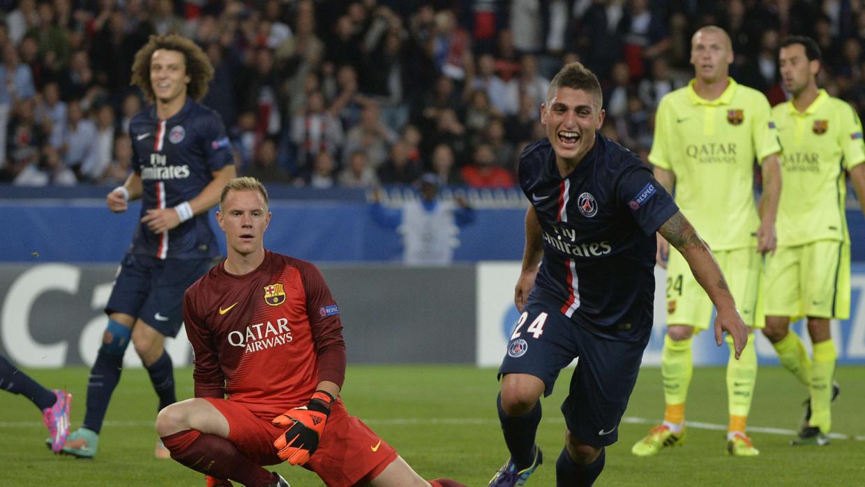 Marco Verratti celebra uno de los goles que el PSG le marcó al Barcelona esta pasada temporada