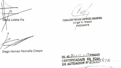 Firma de Jorge Messi como presidente de la fundación y de Limecu S.A.