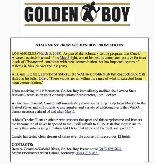 Comunicado de Goldenboy Promotions tras el positivo de Canelo