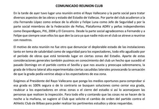 El alarmante comunicado de las peñas del Rayo por el estado del estadio de Vallecas