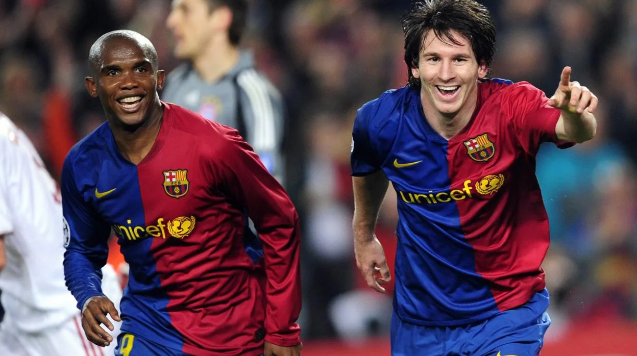 Eto'o y Messi celebran un gol de Barcelona