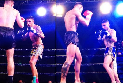 Jonathan Fabián (izq.) venció en muay thai, mientras que Juan Martos lo hizo en K1