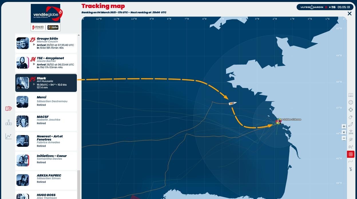 Ari Huusela a 125 millas de Les Sables d´Olonne después de 116 días