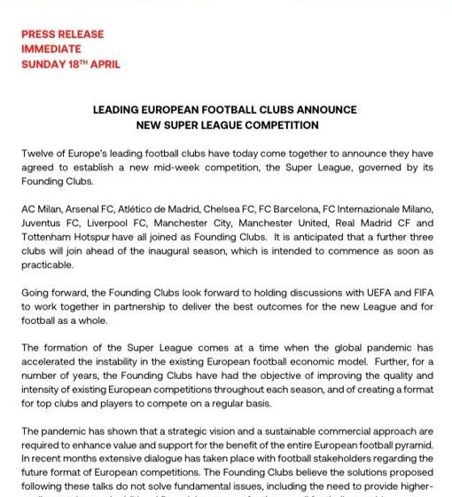 Oficial: Los principales clubes europeos anuncian la creación de la nueva Superliga