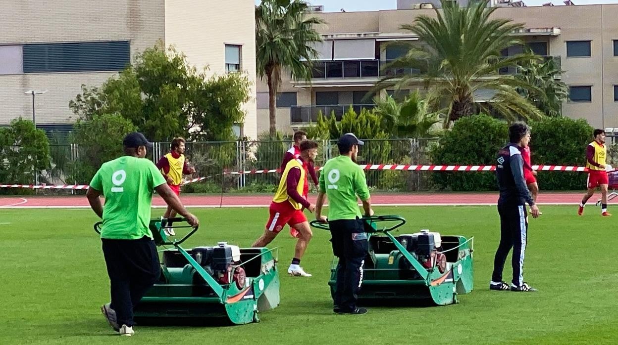 Los jardineros con sus máquinas en el campo durante el entrenamiento del CD Ibiza