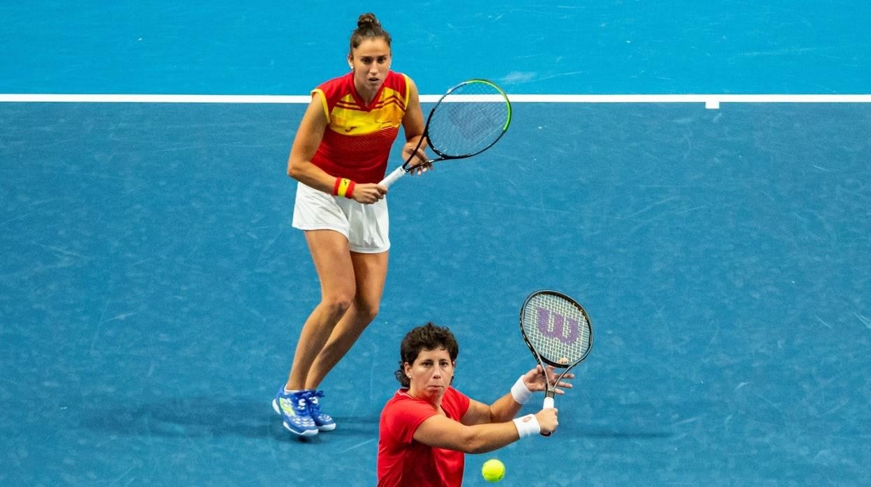 Sorribes (arriba) y Suárez, durante el partido de dobles