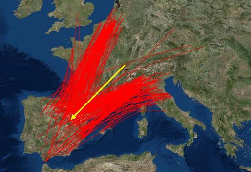 Ruta de migración de la codorniz en su viaje de retorno hacia África, en amarillo el vector medio, en rojo las trayectorias individuales