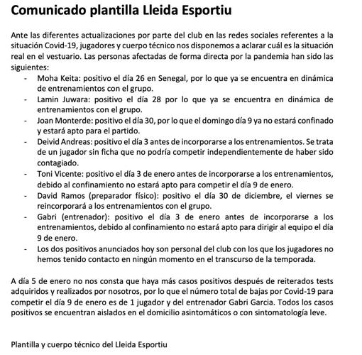 El comunicado de la plantilla y el cuerpo técnico del Lleida