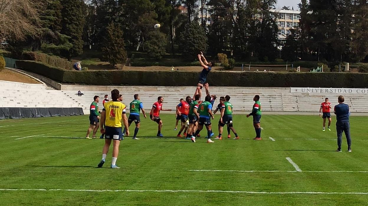 La selección masculina de rugby entrenando en el Central de la Complutense este jueves