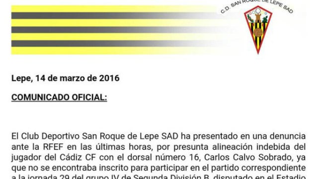 El San Roque de Lepe presenta la denuncia ante el Cádiz CF en la RFEF