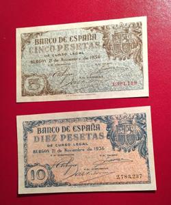 Pareja de 5 y 10 pesetas de 1936