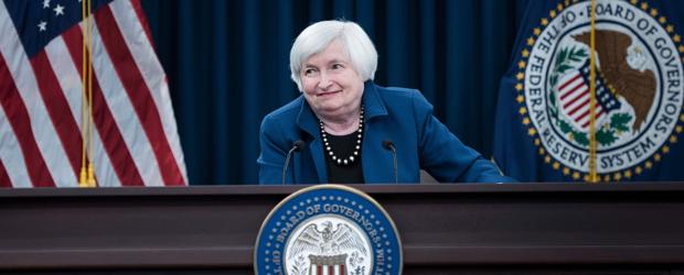 Janet Yellen, presidenta de la Fed, en una rueda de prensa