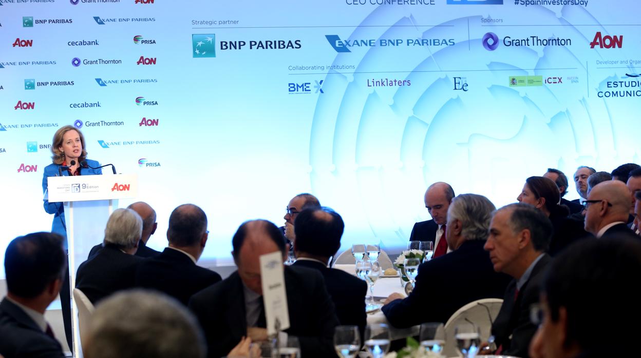 Nadia Calviño, ministra de Economía, durante su discurso en el Spain Investors Day