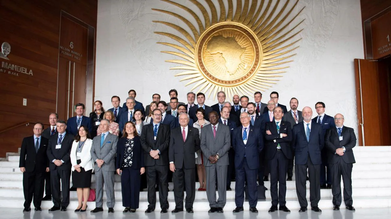El ministro de Asuntos Exteriores de España, Josep Borrell (4d), junto al vicepresidente de la Comisión de la Unión Africana, Kwesi Quartey (5d), posa para la foto de familia durante el encuentro con embajadores de España en África