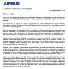 Carta enviada por el presidente de Airbus España a todos los empleados de la compañía