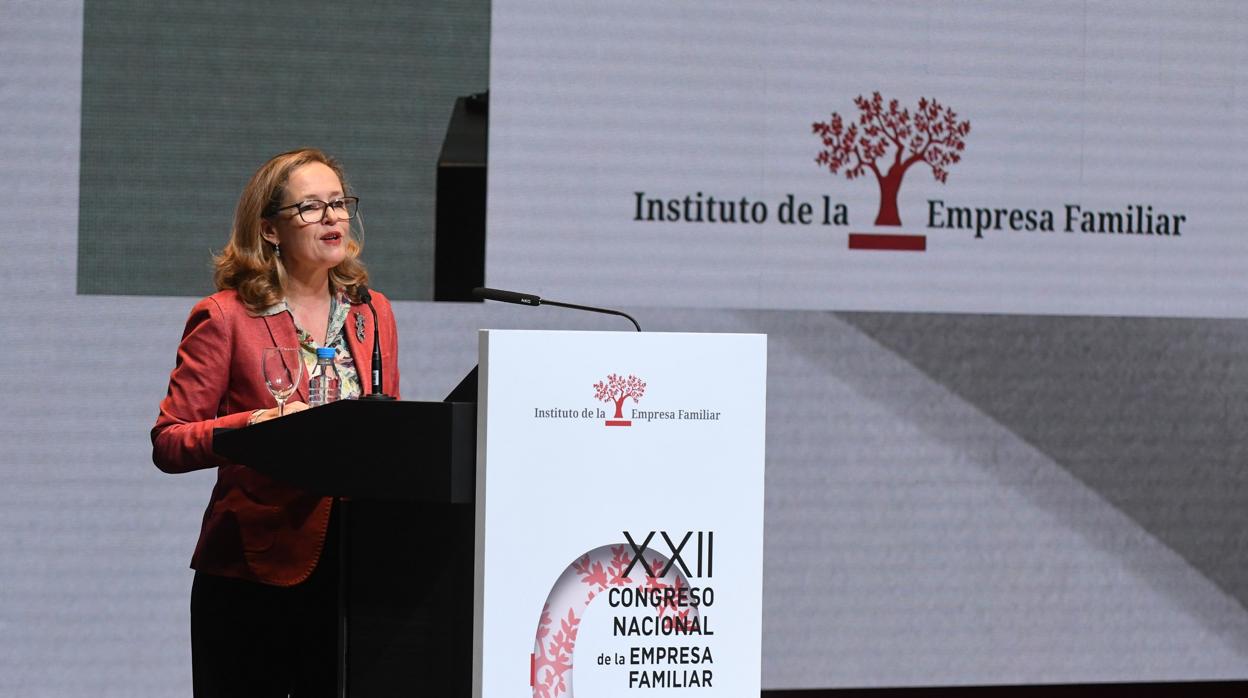 Nadia Calviño, ministra de Economía en funciones, durante su intervención en el XXII Congreso Nacional de la Empresa Familiar