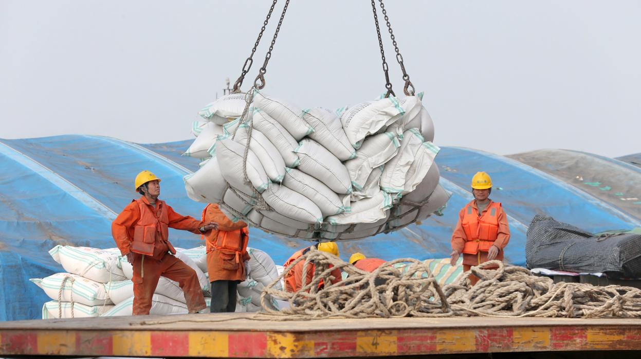 Operarios transportan sacos de soja en el puerto de Nantong (China)