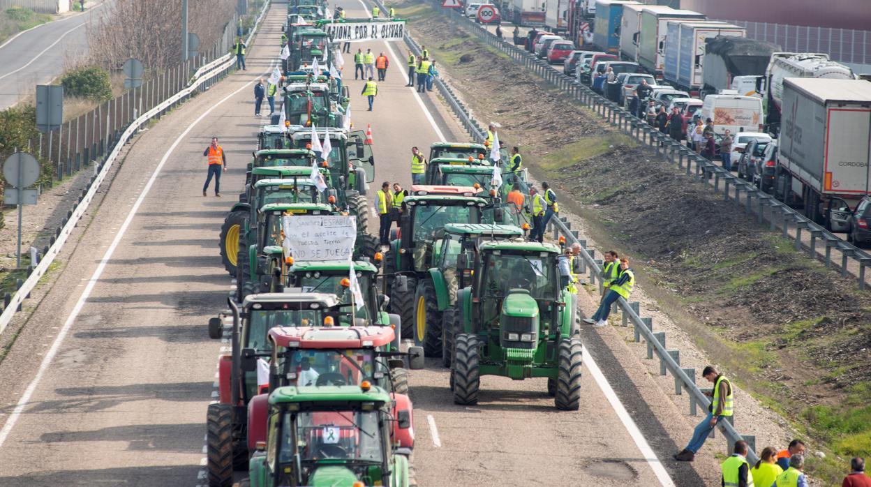 Caravana de tractores de los olivareros que han cortado este jueves las principales carreteras de Jaén