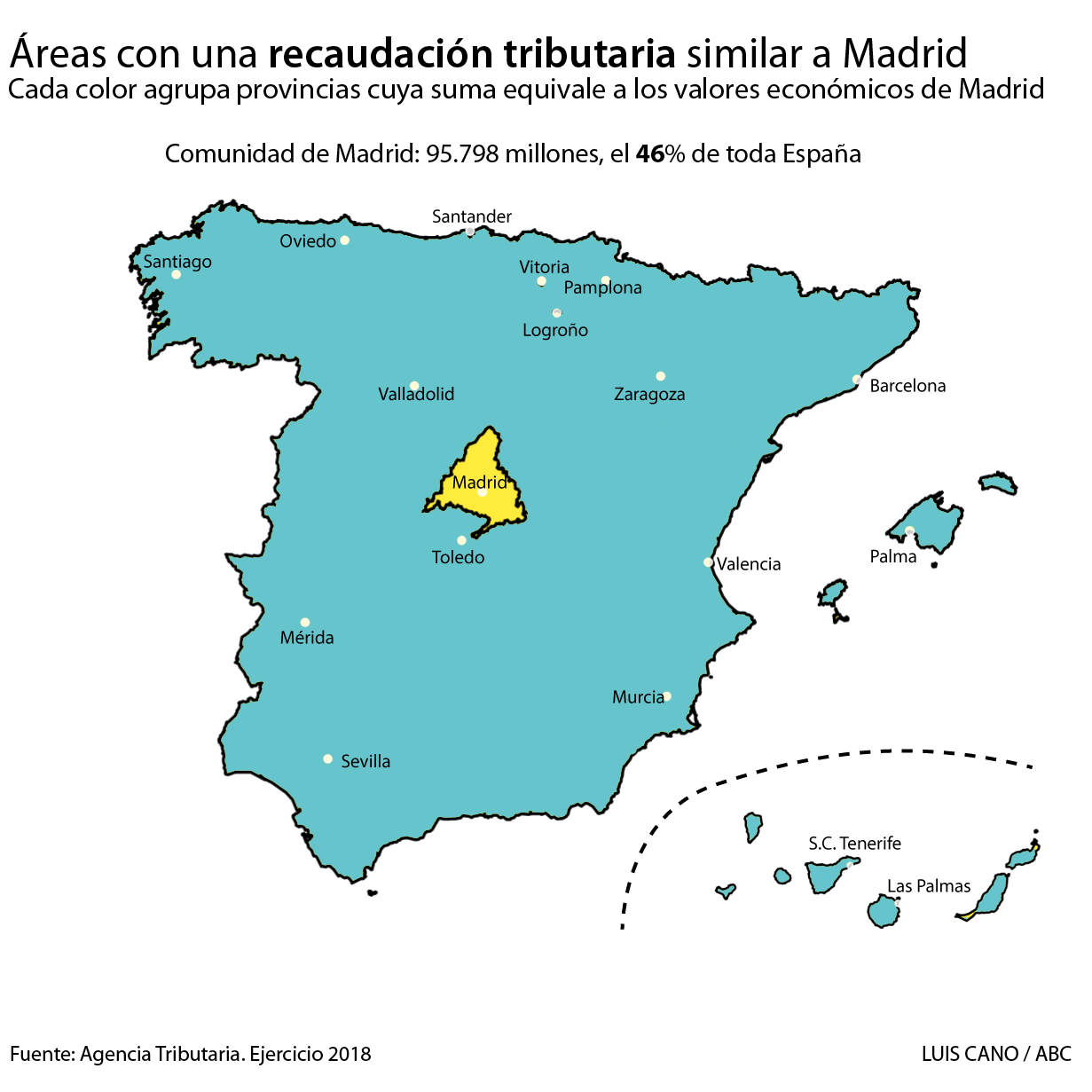 Así sería España dividida en áreas equivalentes al peso económico de Madrid