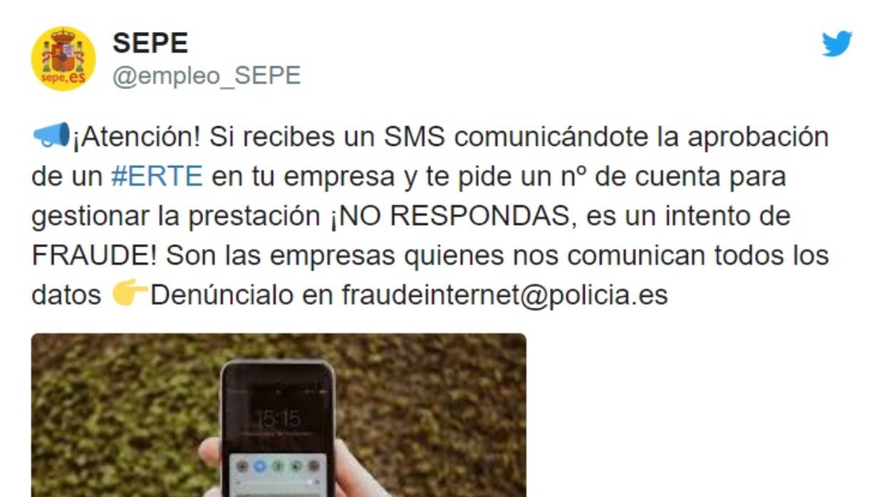 El SEPE alerta de un fraude por SMS a los afectados por ERTE