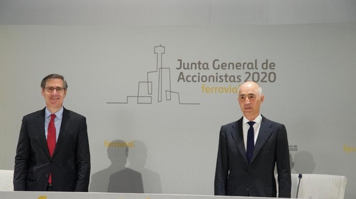 El consejero delegado de Ferrovial, Ignacio Madridejos, y el presidente del grupo, Rafael del Pino, durante la junts de Ferrovial